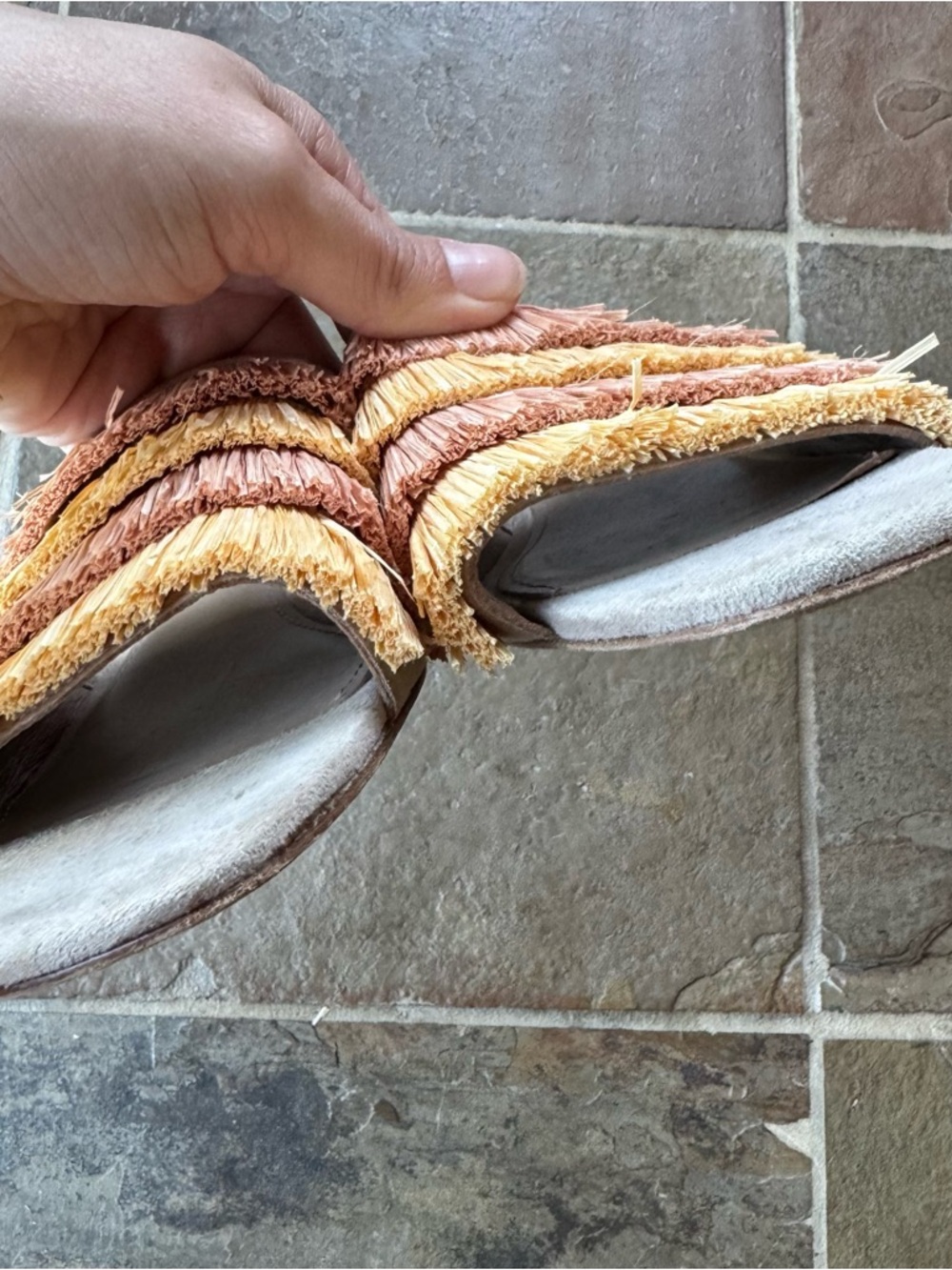 Donald J. Pliner Beige Reise Slide Mules with Pink and Yellow Raffia Fringe sz 8 - Picture 5 of 7